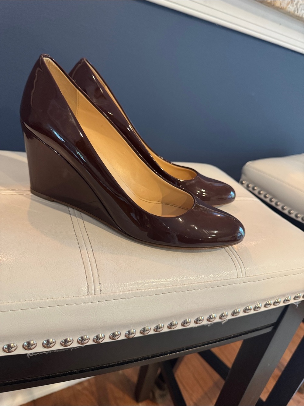 J. Crew Patent Wedge Pumps in Deep WinePatent Leather J Crew Wedge Heels